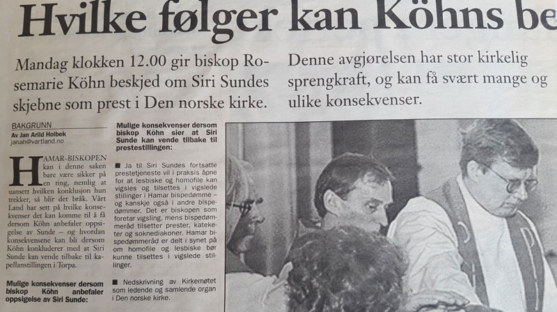  Biskopens beslutning skapte et lite jordskjelv i Den norske kirke, sier artikkelforfatteren. Og mediainteressen var stor. Her fra Vårt Land 30. januar 1999.