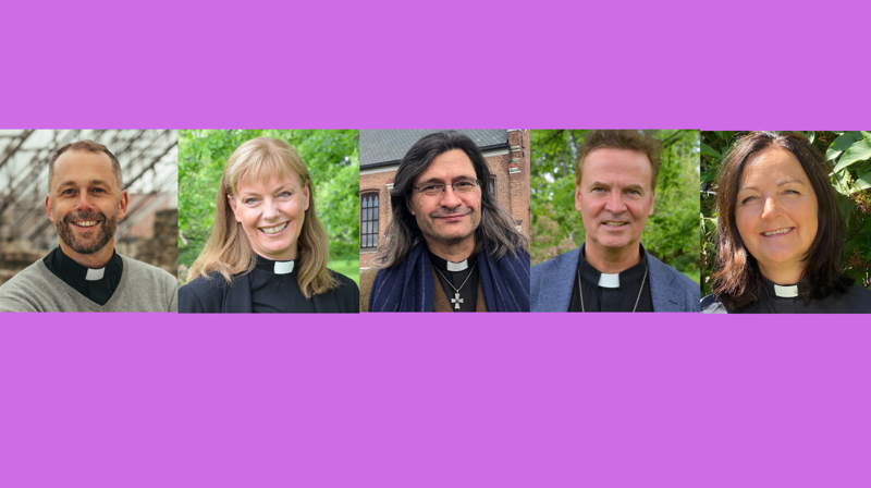 Her er de nominerte fv: Prost i Sør-Østerdal Ole Kristian Bonden, Sokneprest i Glemmen (Borg) Hege Elisabeth Fagermoen, Prost i Sør-Gudbrandsdal Tor Even Fougner, Prost i Sandefjord Raag Rolfsen og Sokneprest i Frogner (Oslo) Margunn Sandal. Fotomontasje Jorun Vang