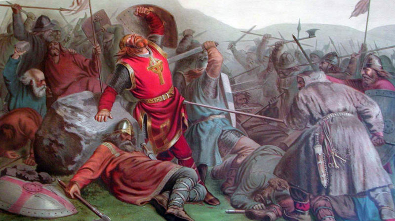 Peter Nicolai Arbos maleri "Olav den helliges død" fra 1859. Bilde: Offentlig eiendom, https://commons.wikimedia.org/