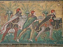 De tre vise menn framstilt i en mosaikk fra seint på 500-tallet i basilikaen i S.Apollinare Nuovo i Ravenna i Italia.