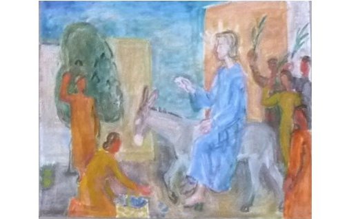 Utsnitt fra altertavlen i Sødorp kapell - Inntoget i Jerusalem, Jesus på eselet.