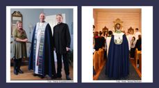 Den nye reisebispekåpen til biskopen i Hamar ble overlevert 22. november. Fv. leder av Hamar bispedømmeråd Kjersti Drtina Øversveen, biskop Ole Kristian Bonden, klesdesigner Anita Eriksen Zagury. Bildet til høyre er fra visitasgudstjenesten i Engerdal kirke søndag 24. november. Foto: Hamar bispedømmeråd og Vivian Vestad Nesheim.