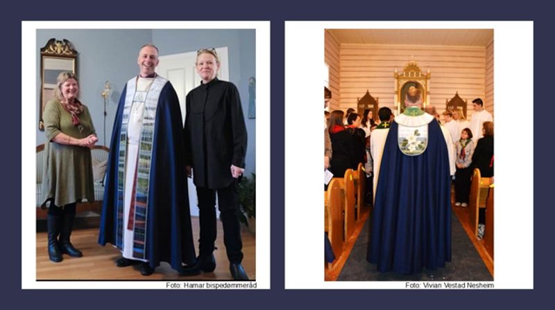 Den nye reisebispekåpen til biskopen i Hamar ble overlevert 22. november. Fv. leder av Hamar bispedømmeråd Kjersti Drtina Øversveen, biskop Ole Kristian Bonden, klesdesigner Anita Eriksen Zagury. Bildet til høyre er fra visitasgudstjenesten i Engerdal kirke søndag 24. november. Foto: Hamar bispedømmeråd og Vivian Vestad Nesheim.