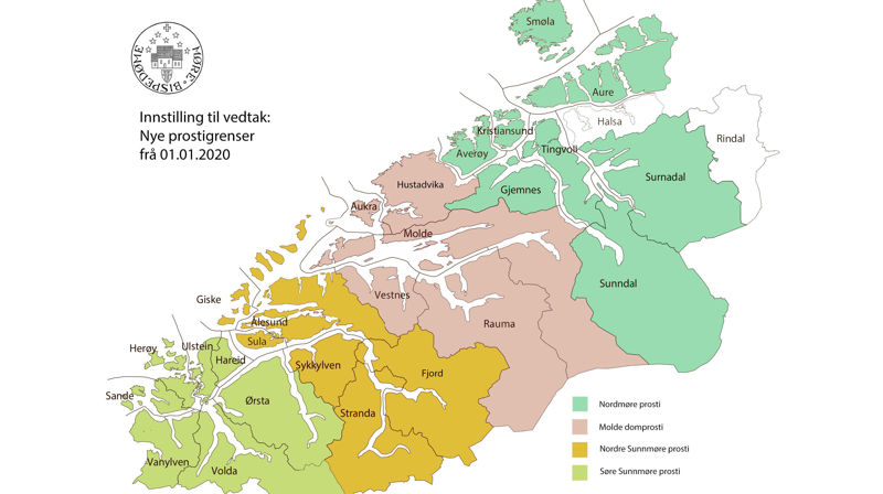 Stiftsdirektøren foreslår at det frå 01.01.2020 blir fire prosti i Møre bispedøme, mot dagens sju. Endringa inneber at Nordmøre blir eitt prosti, Romsdal eitt prosti, medan Nordre Sunnmøre og Søre Sunnmøre blir kvar sine prosti.