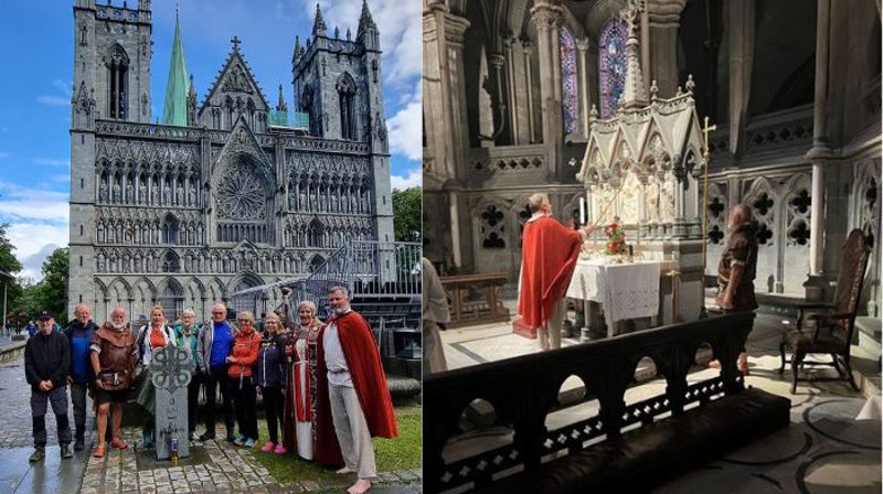 Pilegrimene som vandret med ilden fra Olavsflammen sammen med biskop Herborg utenfor Nidarosdomen.