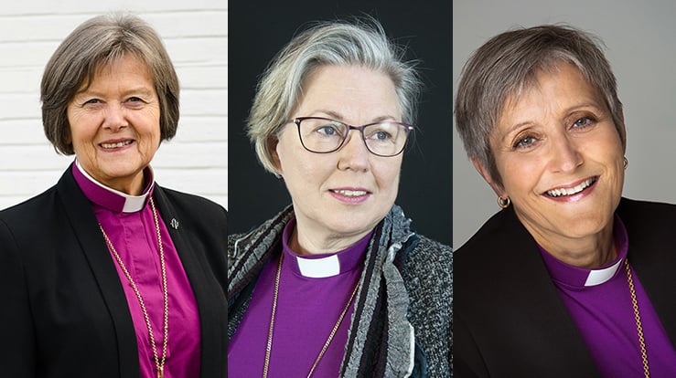 Biskoper på vei til Røros. Fra venstre: Preses Helga Haugland Byfuglien, biskop i Härnøsand Eva Nordung Bystrøm og biskop i Nidaros Herborg Finnset.