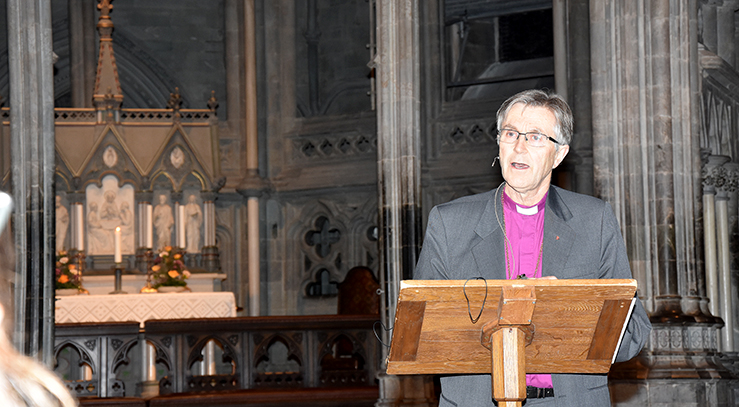 Biskop Tor Singsaas på talerstolen i Nidarosdomen, under sin årlige nyttårsmottagelse. (Foto: Magne Vik Bjørkøy)