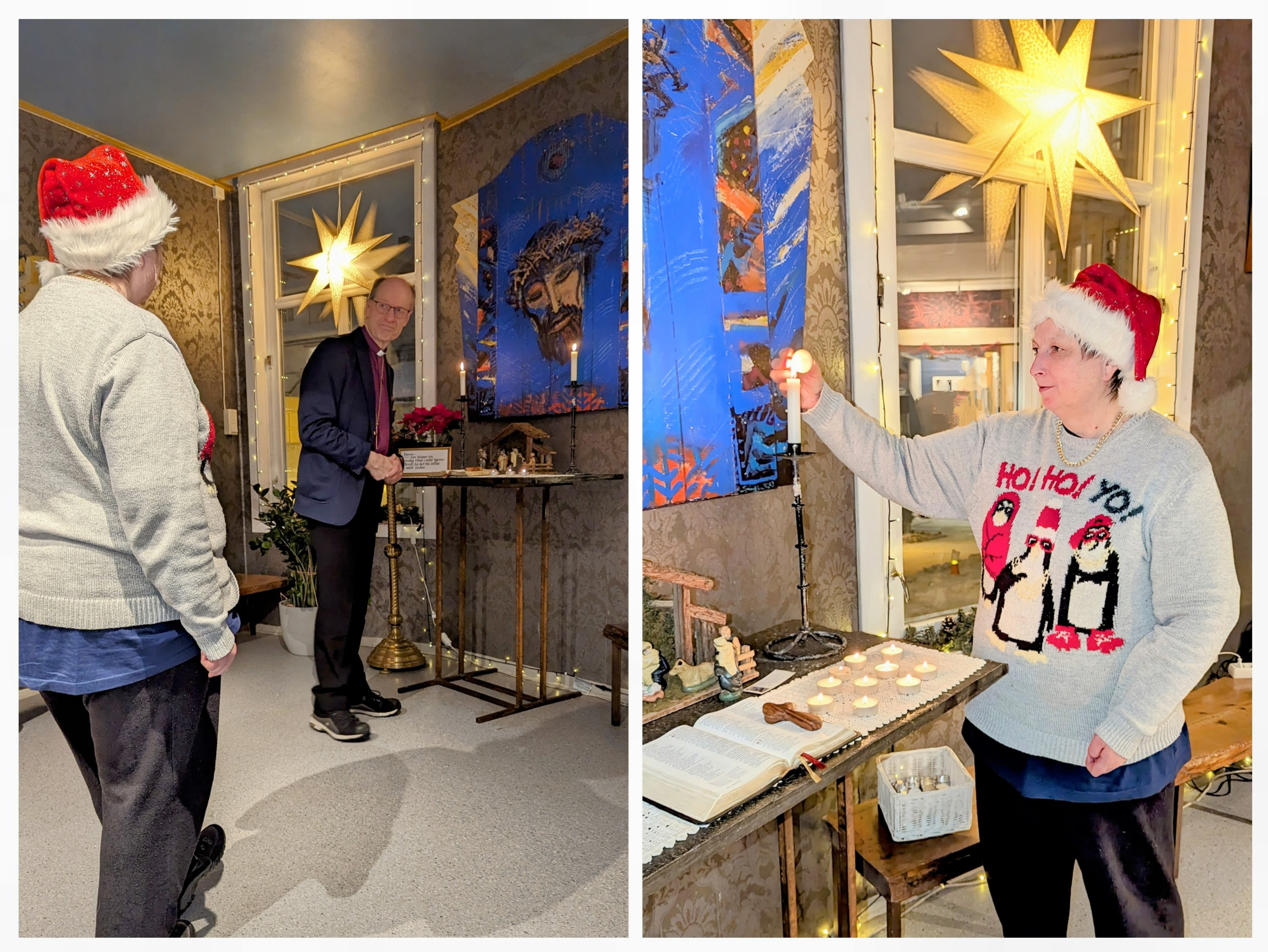 Kirkens Bymisjons Astrid Hansen og biskop Olav Øygard tenner lys under andakten. Foto: Nord- Hålogaland bispedømme