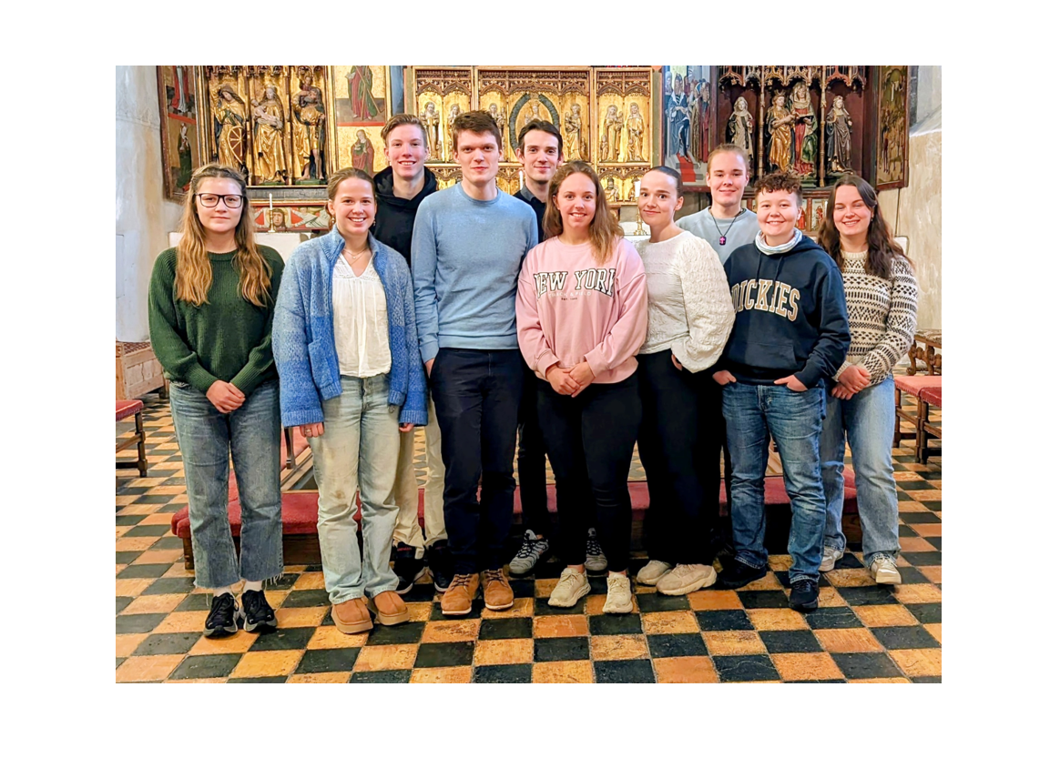 Nord-Hålogaland ungdomsråd. Bak fra venstre: Haakon Helling, Martin Rimstad, Viktor M. Tandberg, Sandra Hurthi. Foran fra venstre: Májjá A. Guttorm, Malin Sæterbakken, Fredrik Berger, Amalie N. Thomassen, Kristina Rimstad, Christoffer Fosshaug. Foto: Nord Hålogaland bispedømme.