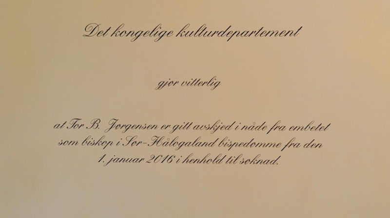 Biskop Tor B. Jørgensen er gitt avskjed i nåde fra 1. januar 2016.