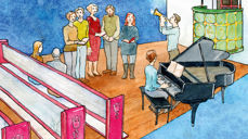 Utsnitt av omslagsillustrasjon til boken "Lenge leve salmen!". Illustratør er Rakel Marie Sivertsen.