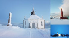 Hovedbilde viser Dverberg kirke, de to minste bildene viser Sortland kirke og Andenes fyrtårn.