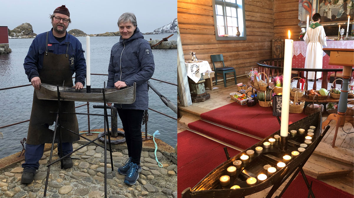 Smeden i Sund, Tor-Vegard Mørkved og kirkeverge Lisbeth Eriksen ved den "nysmidde" lysbåten.