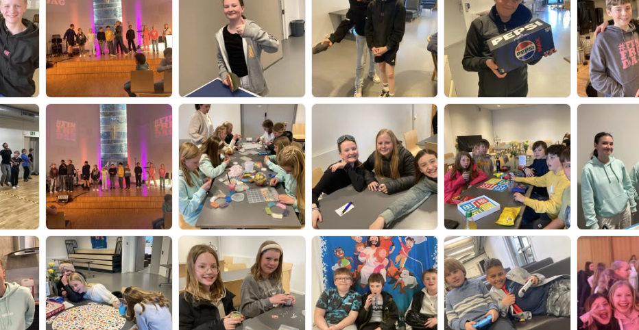 Illustrasjonen viser glimt av glade barn i aktivitet på Fin Fredag, et tilbud for barn mellom 10 og 13 år i  Ålgård menighet i Sandnes. Et eksempel på hva man kan søke midler til.