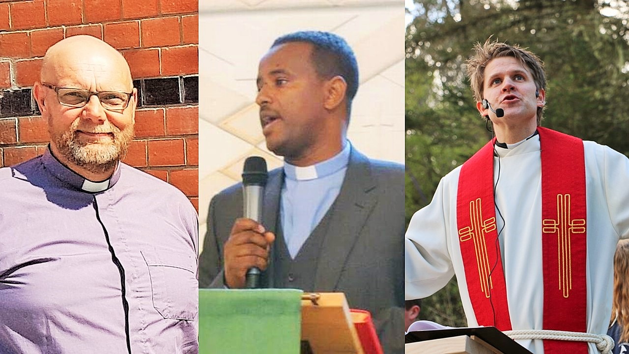 Fra venstre: Tor Jakob Bjørndal, Tsegayesus Hurisa Hunde og Per Børge Hillestad. Foto: Den norske kirke og vol.no