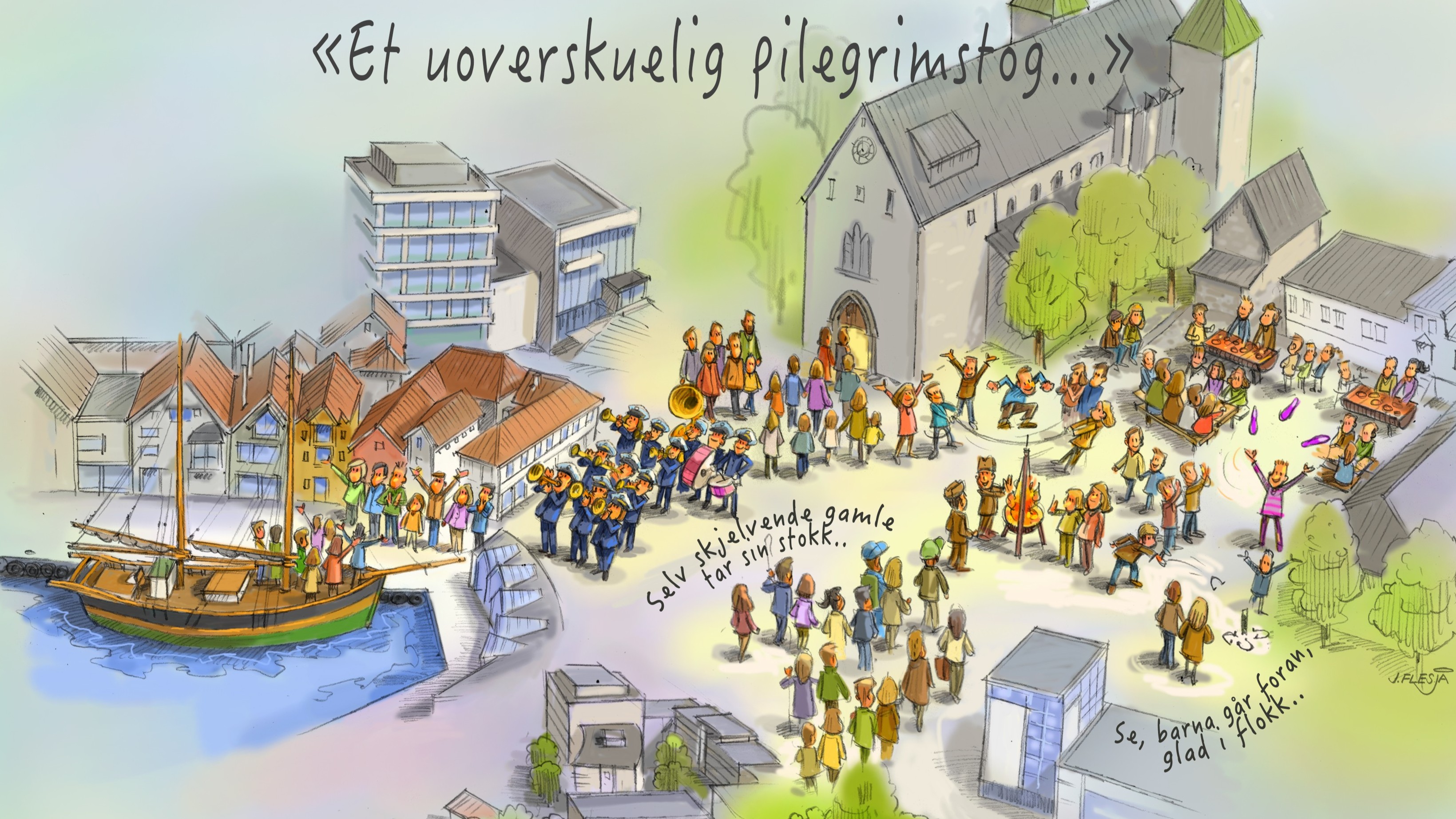 Vi kommer fra nord og sør og samles i Vågen for å ta i mot seilskuta Gurine og i Domkirken til messe. Illustrasjon: Jens Flesjå