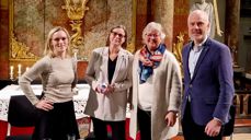 På temakvelden om Velferdsteknologi og etikk deltok (f.v.) Line Spiten, ordfører i Kongsberg, Lisbeth Dahl, assisterende leder Edvardsløkka omsorgssenter, Lill Tone Grahl-Jacobsen, leder i Tunsberg bispedømmeråd og Reidar Aasbø, sogneprest i Kongsberg