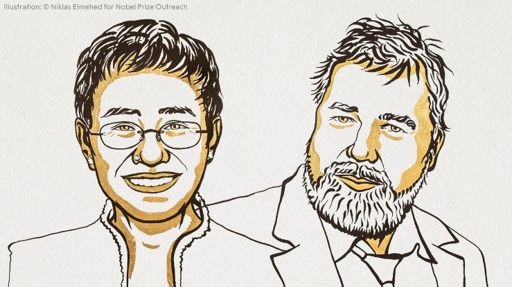 Maria Ressa og Dmitry Andreyevich Muratov. Ill. Niklas Elmehed © Nobel Prize Outreach