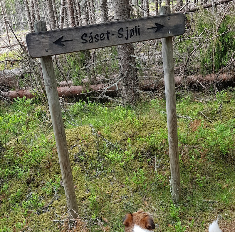 Såset - Sjøli, skilt langs stien på kirkemarsjen. Foto: Anne Bråten Edvardsen.
