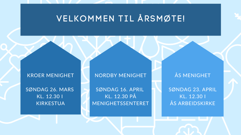 Bildet ønsker velkommen til årsmøte i de tre menighetene; Kroer, Nordby og Ås.