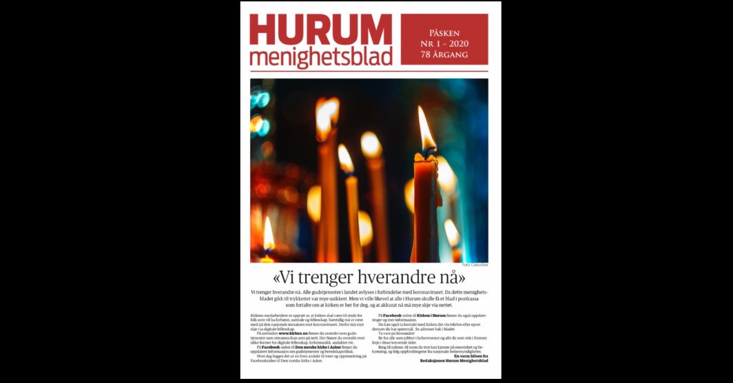 Forsiden til påskeutgaven av Hurum menighetsblad. Redaksjon: Elisabeth Fosen (redaktør), Marianne Ø. Arctander og Bjørg Woie Berg