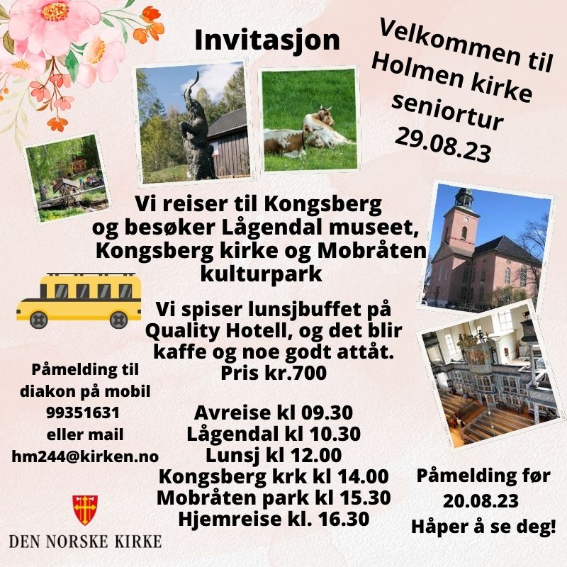 Plakat med bilder av Kongsberg kirke, Lågendal museum. Program for dagen
