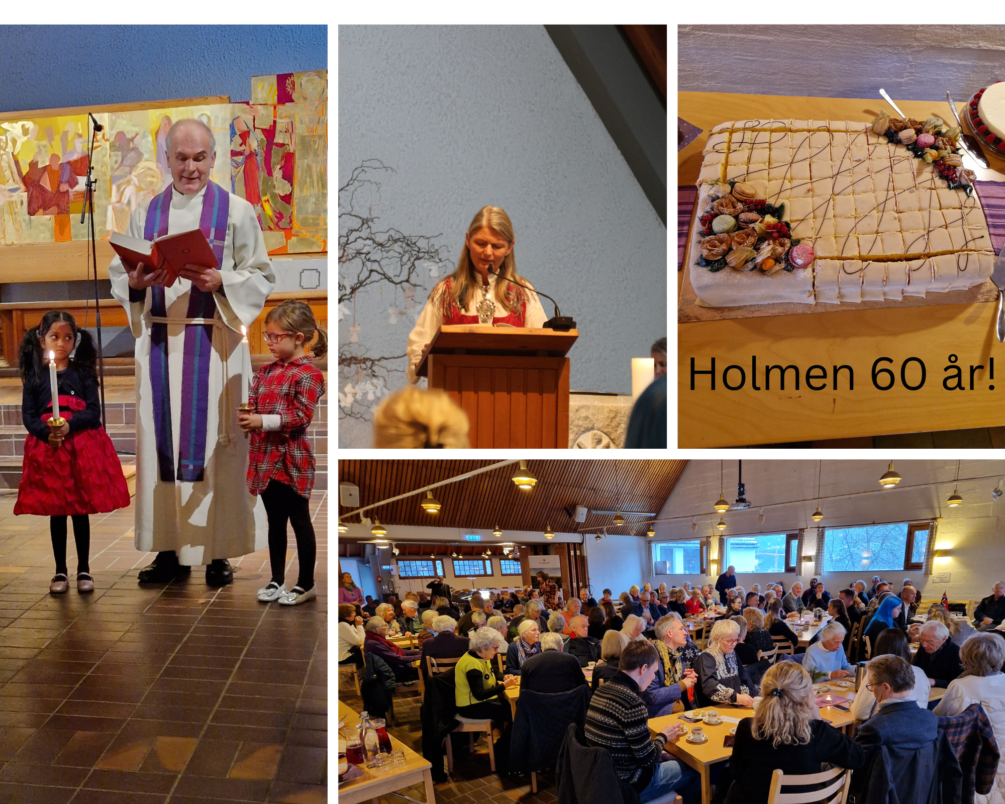 Gode medhjelpere ved lysprosesjonen, tekstlesning av ordfører Lene Conradi, festbløtekake og fullsatt menighetssal. Foto: med tillatelse. Fotografer:  Finn Edvin Brøndal og Astrid Heltne. 