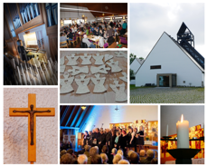Bildekollage med kirkebygg, interiør, musikk og alt det andre som rører seg i menigheten