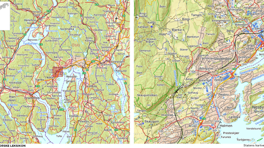 Kart over Holmen og Billingstadområdet. Fra Statens kartverk.