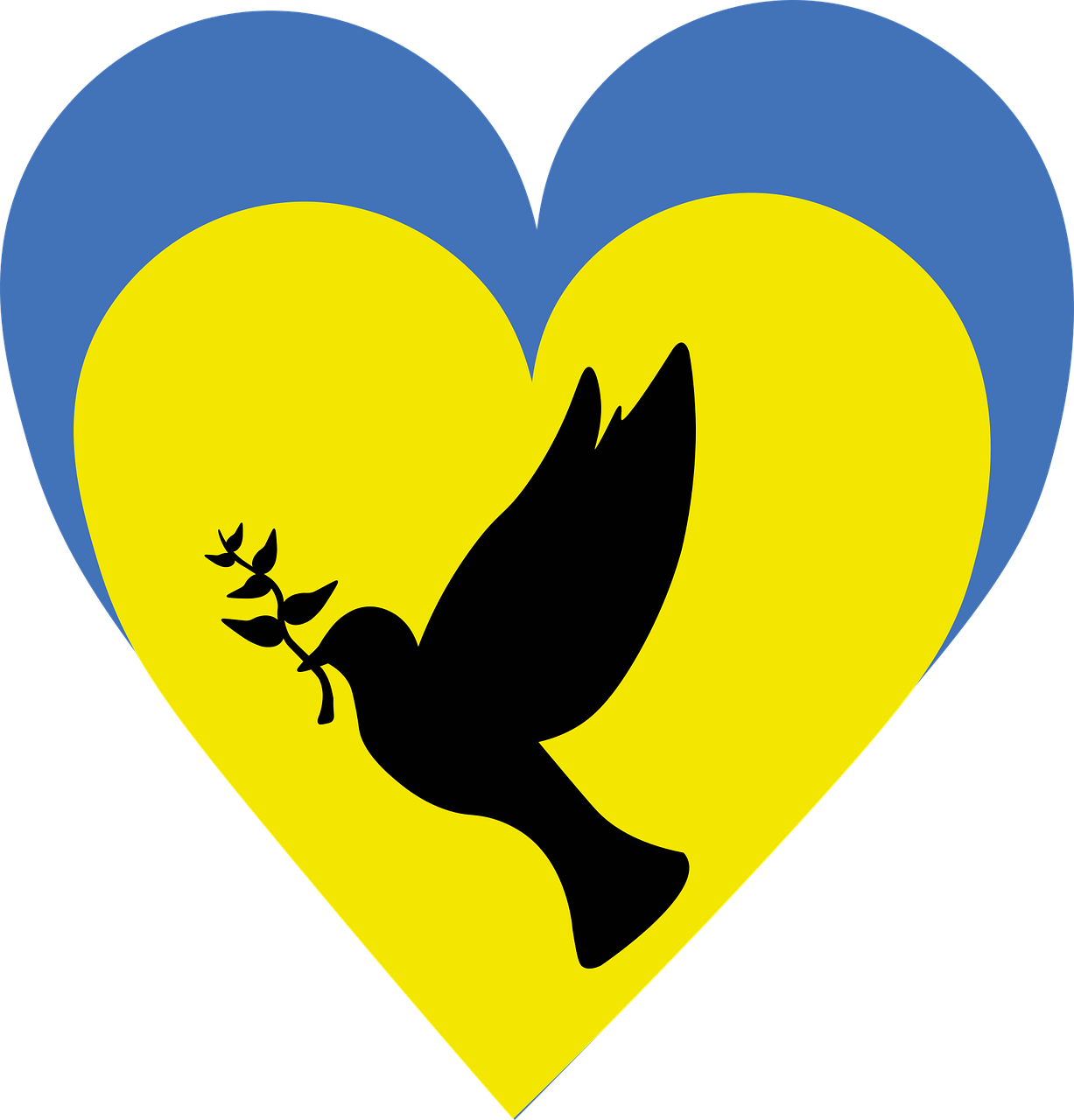 Hjerte, med farger inspirert av det ukrainske flagget i blått og gult. Due med olivenkvist i nebbet. Foto: Ill.foto/Pixabay