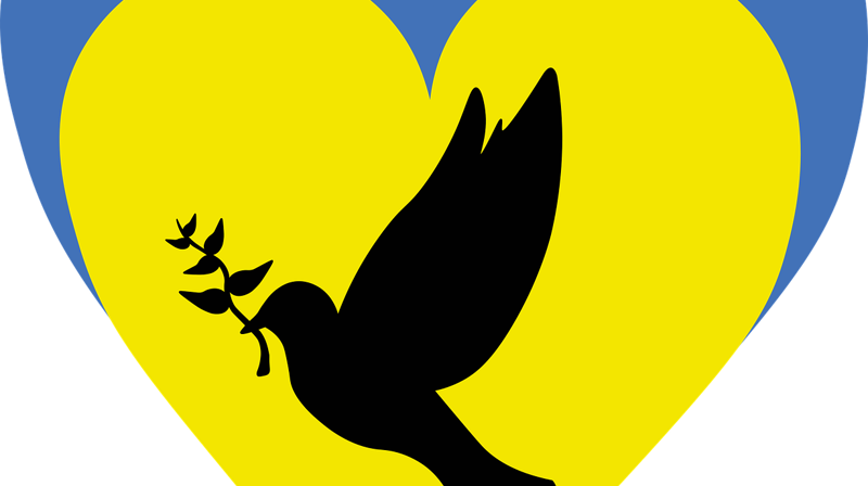 Hjerte, med farger inspirert av det ukrainske flagget i blått og gult. Due med olivenkvist i nebbet. Foto: Ill.foto/Pixabay