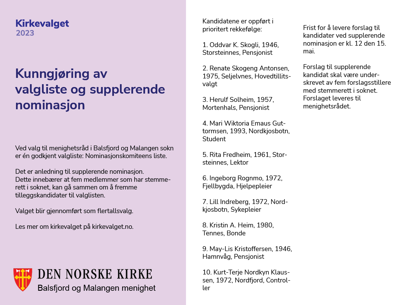 Kunngjøring av valgliste og supplerende nominasjon