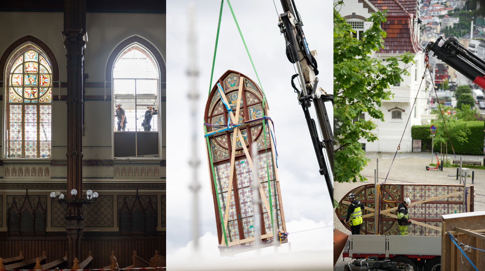 collage av vinduer som l&oslash;ftes ut med heisekran fra kirkebygg