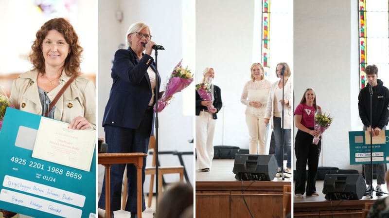 F.v. Kulturprisen til orgelbygger Johannes Buder (konen Guro tok i mot), årets frivillig ble Brith Barsnes Bjordal i Olsvik, Formiddagstreffet i Biskopshavn mottok årets frivillighetspris og FKU Fana mottok pionérprisen.