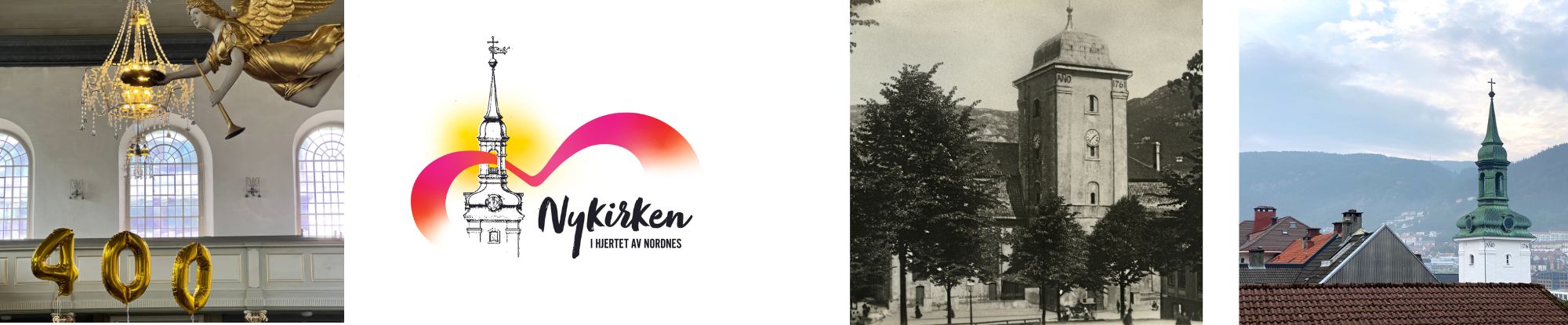 Fire bilder av Nykirken. Ballonger med 400. Kirkespir og gammelt bilde. Foto.