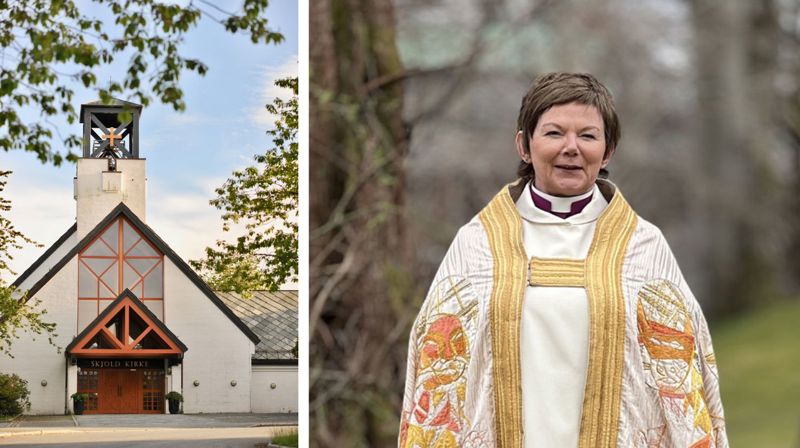 Biskop Ragnhild Jepsen deltar på vigslingsgudstjenesten i Skjold kirke i juni. Foto: BKF og Bjørgvin bispedømme