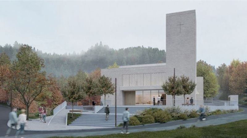 Arkitektillustrasjon av ny kirke i Sædalen. Bygg i teglstein.