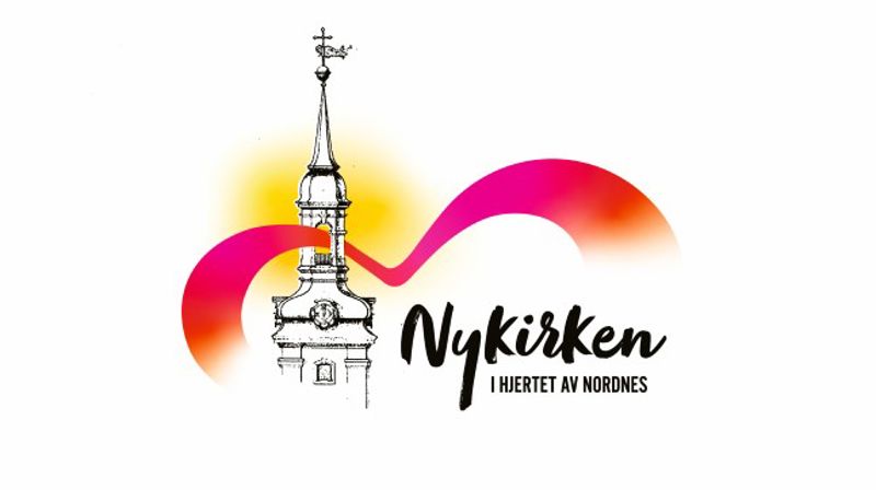 Nykirken i hjertet av Nordnes. Logo med tegning av tårnet til Nykirken og hjerteformet bølge.
