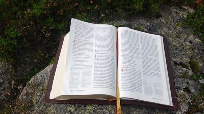 Bibel liggjande på ein stein