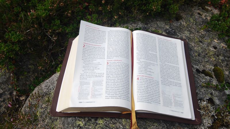 Open bibel liggjande på ein stein