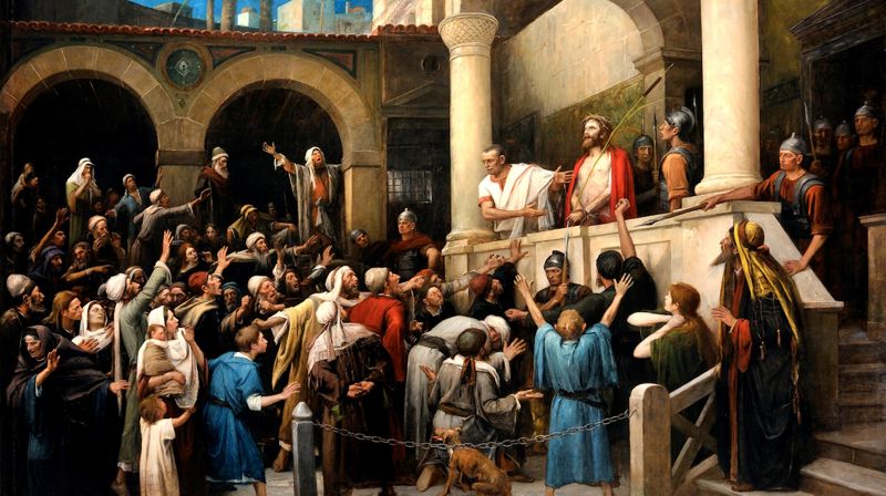 Bilde: «Ecce homo!» («Se det mennesket!»), Jesus for Pilatus, maleri av den ungarske maleren Mihály Munkácsy (1844–1900)