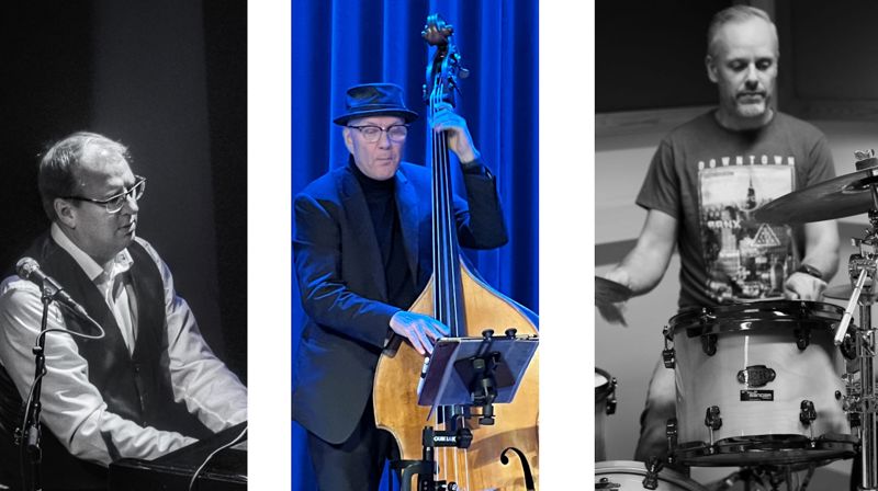 Jazztrio, ett bilde av hver av Kristian Wedberg på piano, Ole Amund Gjersvik på kontrabass, Stian Villanger på trommer