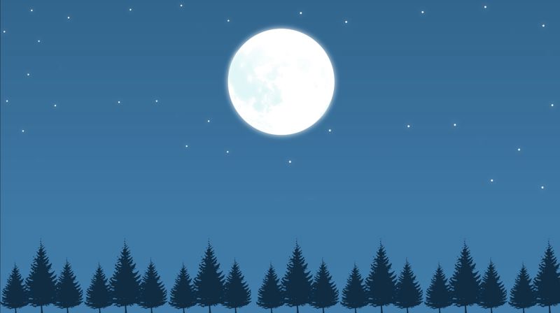 Bilete av ein måne over ei rad av mørke grantre, himmel med litt stjerner i bakgrunnen