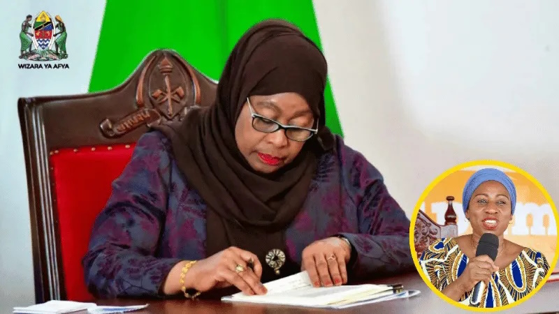 President Dr. Samia Suluhu Hassan i Tanazania signerer lova om universell helseforsikring. Foto frå Tanzania Invest