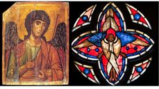 Til venstre: Framstilling av St.Mikael på et eldre ikon. Til høyre: Detalj fra rosevinduet i Storetveit kirke (Foto: Åse Solvi)