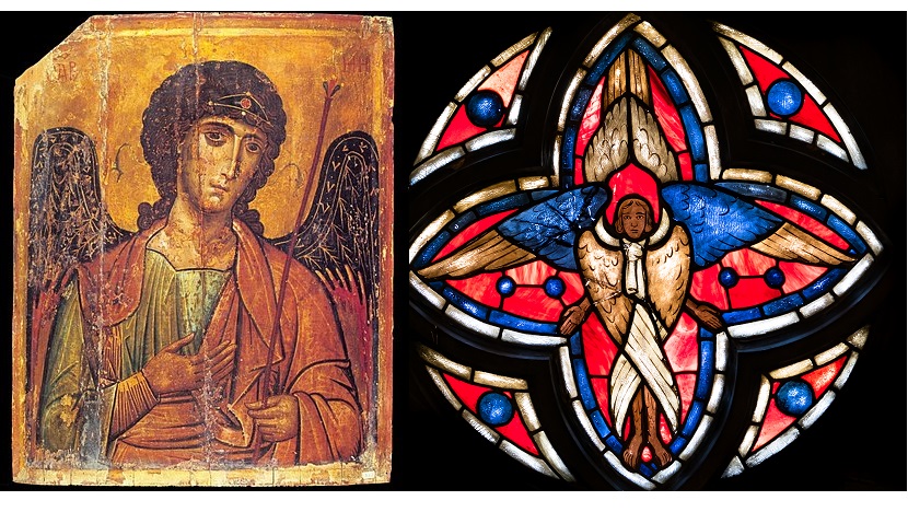 Til venstre: Framstilling av St.Mikael på et eldre ikon. Til høyre: Detalj fra rosevinduet i Storetveit kirke (Foto: Åse Solvi)