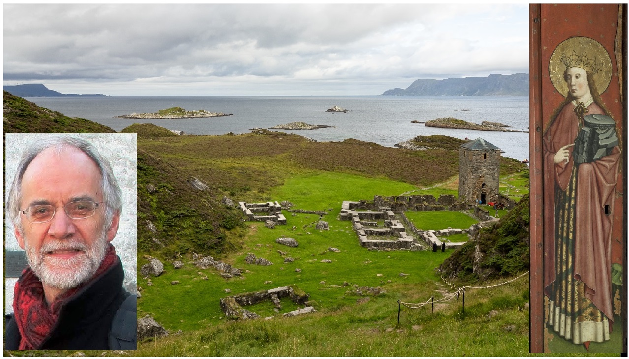 Alf Tore Hommedal (innfelt) har forsket på klosteranlegget (foto: Åse Solvi) på Selje. Sta. Sunniva, Granvin/S.Skare /Universitetsmuseet til høyre.