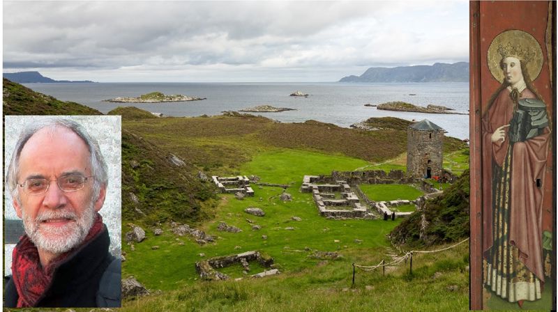 Alf Tore Hommedal (innfelt) har forsket på klosteranlegget (foto: Åse Solvi) på Selje. Sta. Sunniva, Granvin/S.Skare /Universitetsmuseet til høyre.
