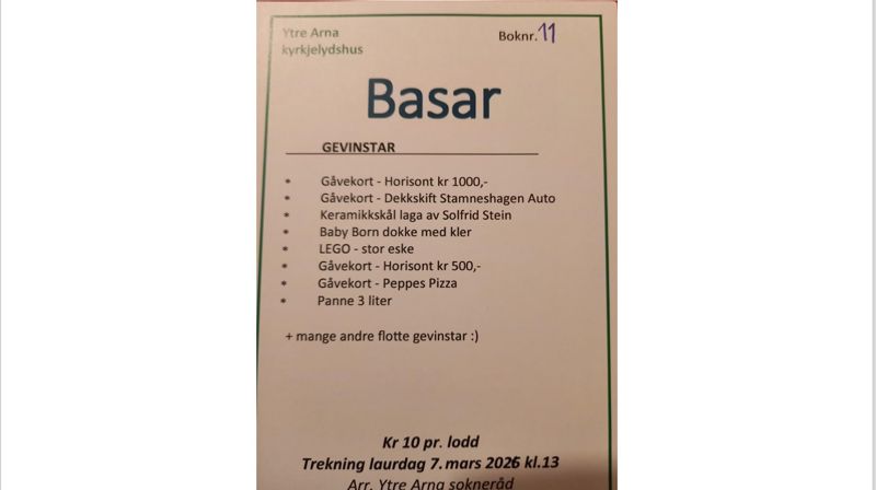 Mange fine gevinstar, gåvekort på Horisont kr. 1000, gåvekort for dekkskift på Stamneshagen Auto, keramikkskål laga av Solfrid Stein, Baby Born dokke med klede, ei stor LEGO-øskje, gåvekort på Horisont kr. 500, gåvekort på Peppes Pizza, osb.