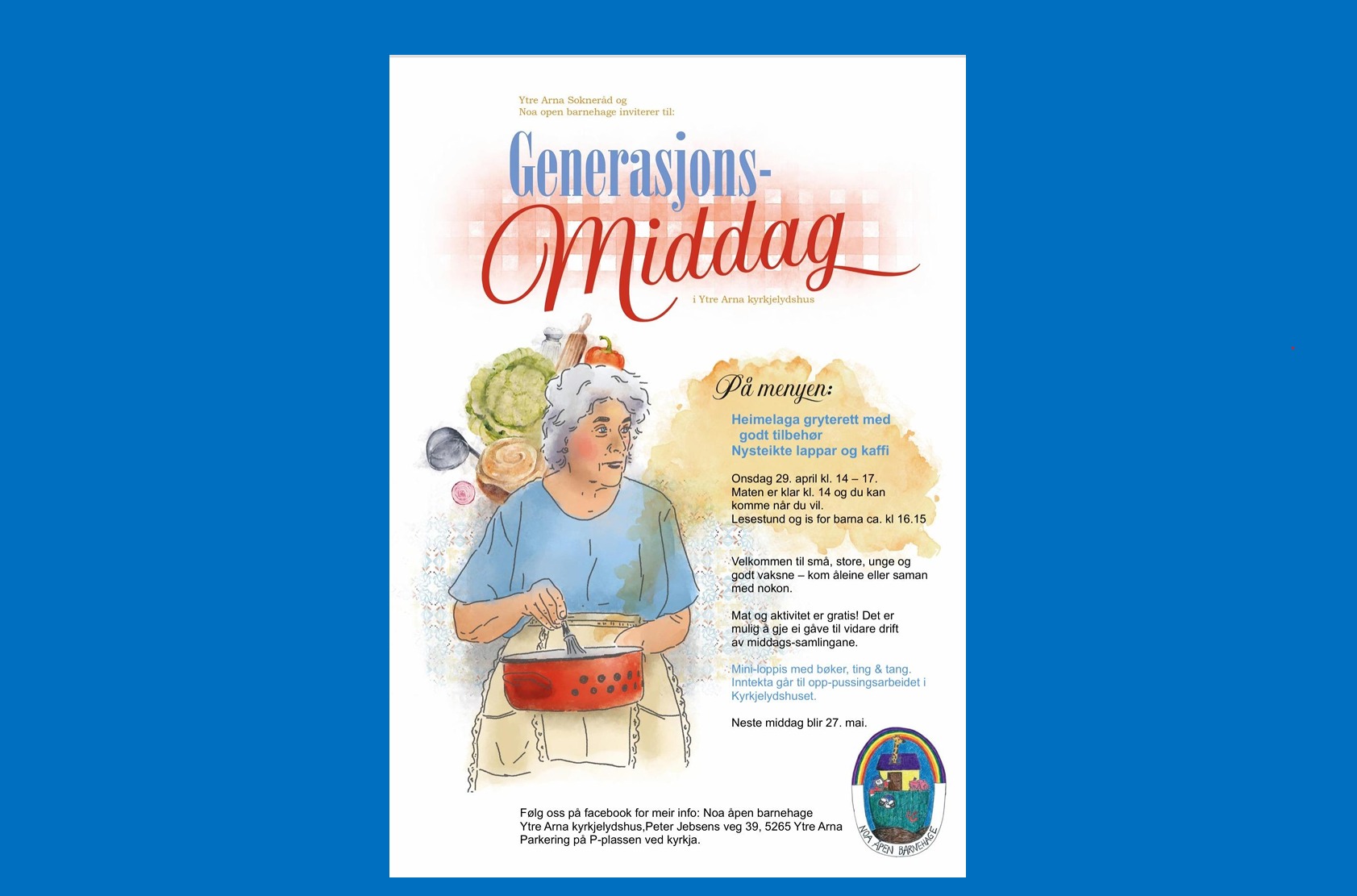 Meny: Heimelaga gryterett med godt tilbehøyr, nysteikte lappar og kaffi